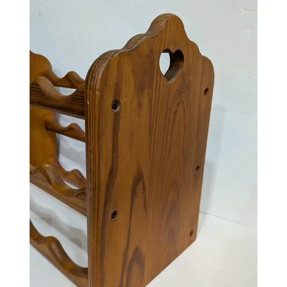 Vintage Solid Pine Wood Wine Rack 12 Bottle Heart Cutout Farmhouse Cottagecore
